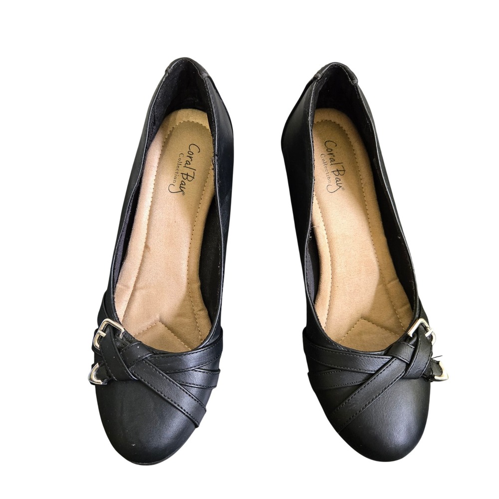 Coral Bay Collection Stacy Black Wedge Pumps Faux Leather Buckle Detail Size 7.5